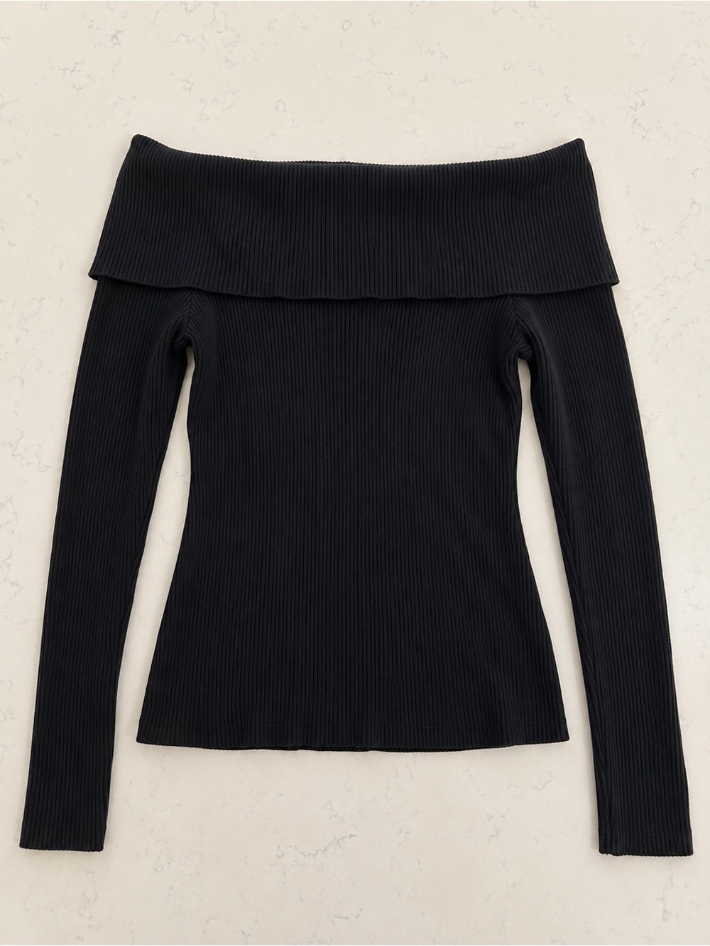 H&M Black Ribbed Off Shoulder Foldover Long Sleeve Top XL